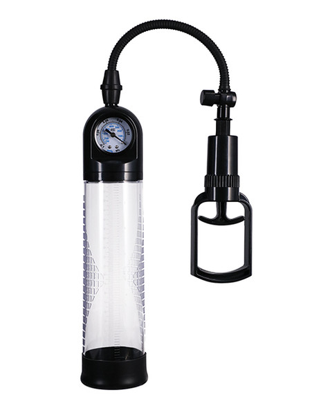 The Rock Solid Boost It Penis Pump standing upright against a clean white background. The clear acrylic cylinder features easy-to-read centimeter markings, while the built-in pressure gauge, ergonomic hand lever, and soft black silicone entry sleeve showcase its straightforward, no-nonsense design.