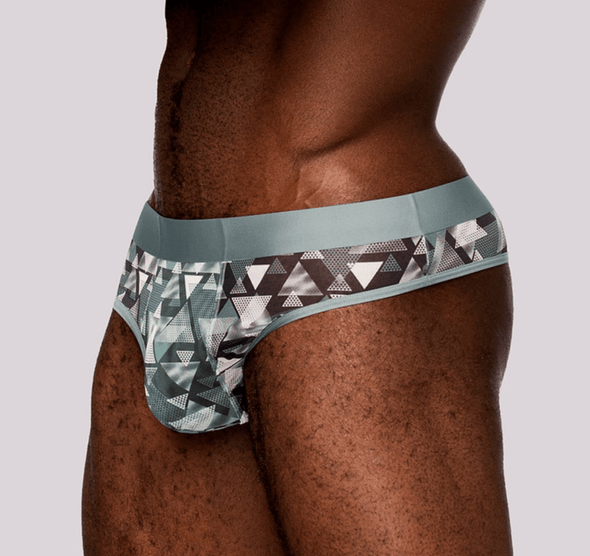 Male Power Sheer Optical Print Thong front view with geometric mesh print