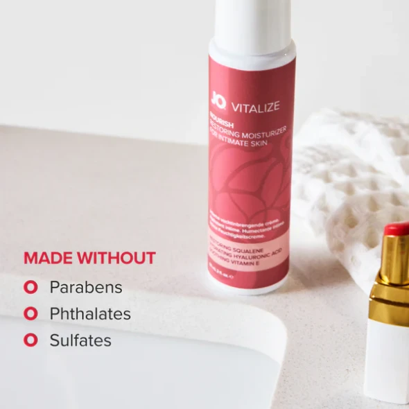 JO Vitalize Nourish Restoring Intimate Moisturizer product image showing the pink and white pump bottle standing upright on a bathroom sink.