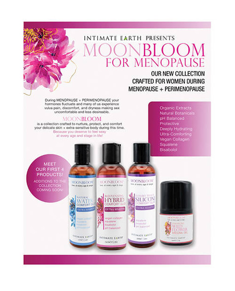 Promotional graphic featuring the Intimate Earth MoonBloom for Menopause collection, including Water-Based, Hybrid, and Silicone Comfort Lubricants and clitoral arousal gel. Formulated for women during perimenopause and menopause with vegan collagen, squalane, bisabolol, and natural botanicals to help support intimate comfort and hydration.