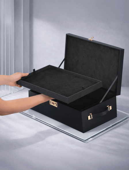 Removable tray inside the Le Coffret Prestige Luxury Storage Case reveals spacious lower compartment for larger sex toys and accessories