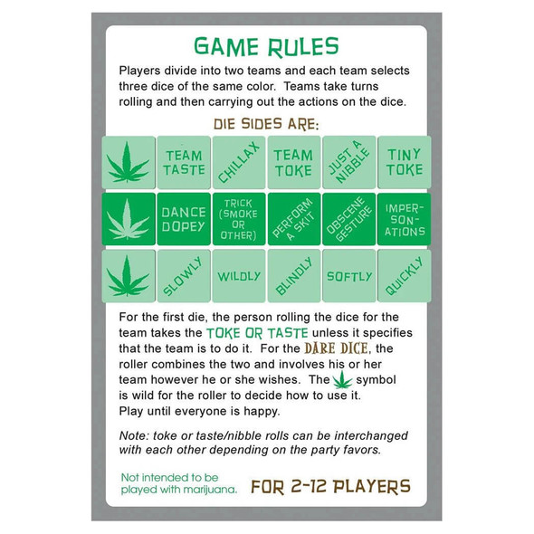 Back of the Dope Dice: Smoke, Vape & Edibles Game box showing game instructions, team setup, and examples of the cannabis-themed action dice and gameplay.