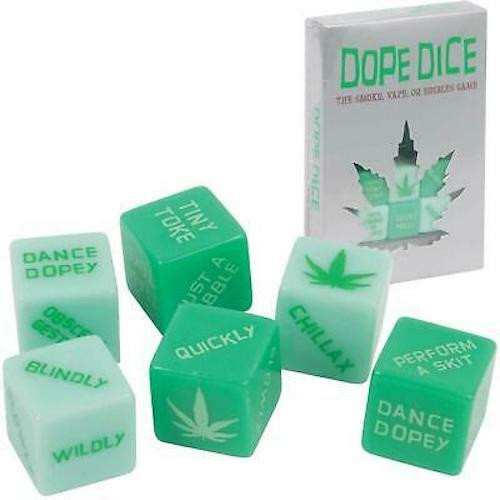 Dope Dice: Smoke, Vape & Edibles Game featuring six green action dice with cannabis-themed prompts for party nights, smoke sessions, and hilarious group play.