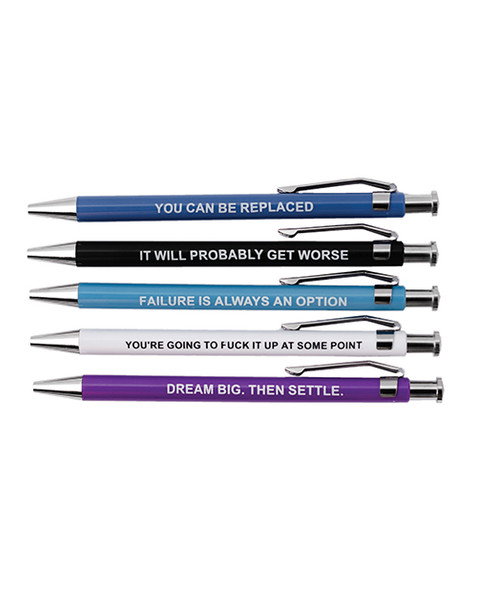 Close-up of the Demotivational Pens 5-Pack highlighting the five different sarcastic messages printed on each retractable ballpoint pen.