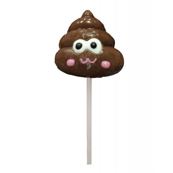 Close-up of the Shit Face Chocolate Flavored Poop Pop showcasing the adorable smiling poop design and chocolate flavored novelty lollipop.