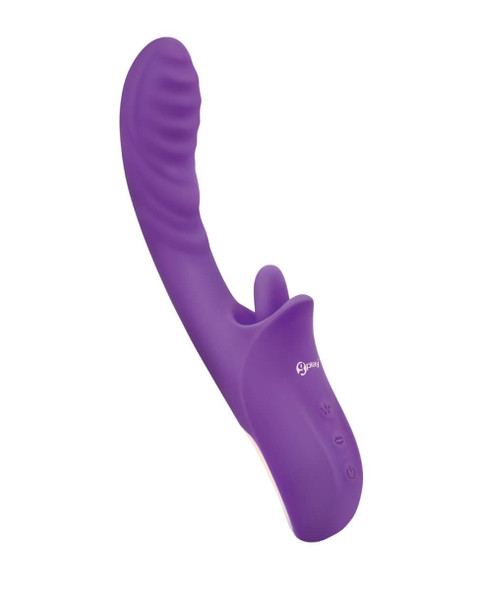Close-up shot of the G-Play Lick Me Out Squirt Trainer on a white background, showing the licking tongue and textured shaft