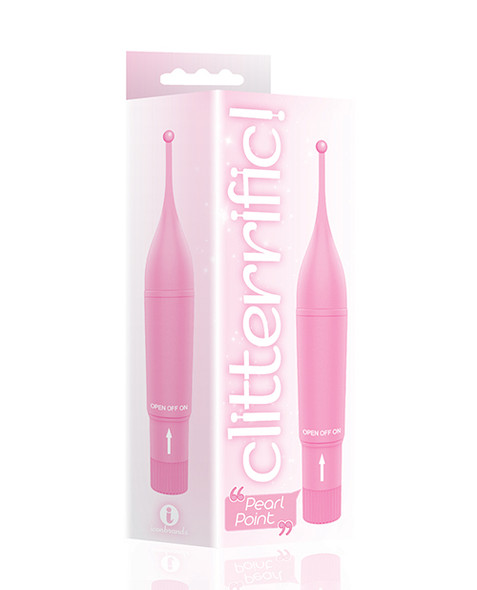 Clitterific! Pearl Point Precision Wand in pink retail packaging, featuring a slim white vibrator with a flexible pink silicone arm and pearl-shaped precision tip.