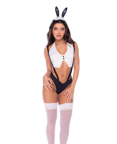 After Hours Bunny Costume with white halter vest crop top, black suspender panty and bunny ear headband.