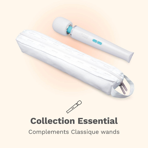 White Classique Large Wand Vibe Storage Bag shown alongside a full-size Le Wand vibrator. The discreet zippered storage case features a clean white exterior, double zipper pulls and carrying loop.