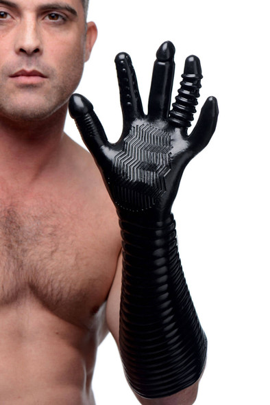 Male model wearing the Pleasure Fister glove with five textured fingers and ribbed forearm