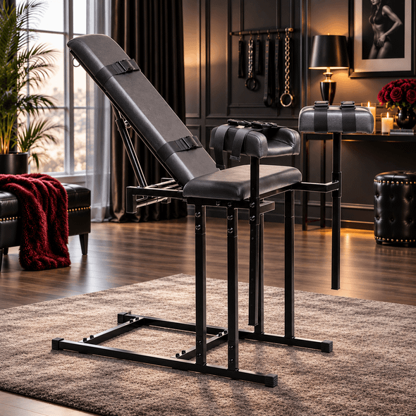 Extreme Obedience Love Seat adjustable bondage chair displayed in an upscale luxury sex room