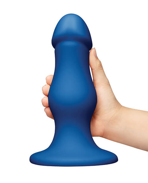 b-Vibe Gape 8.25 Inch Bulbous XXL Plug held upright showing its thick blue shape and wide suction base