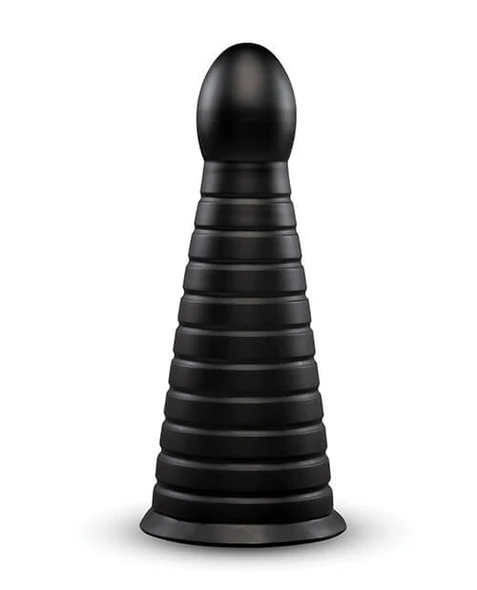b-Vibe Cone 10 Inch Tapered & Ribbed XXL Dildo standing upright showing its tapered shape and raised ribs