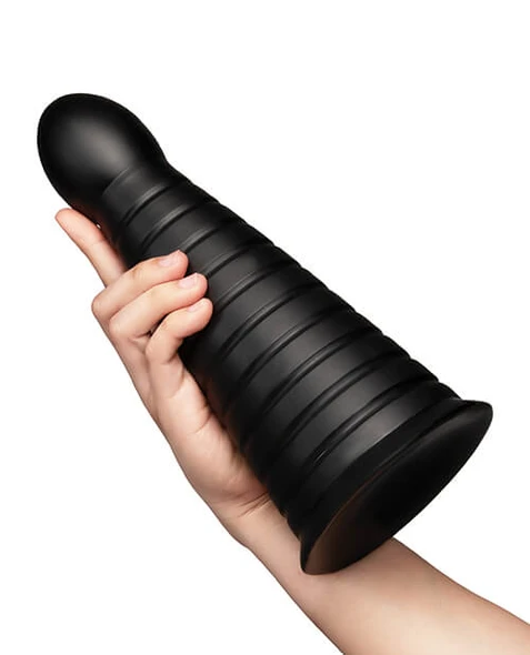 b-Vibe Cone 10 Inch Tapered & Ribbed XXL Dildo held in hand showing its progressively wider ribbed shaft
