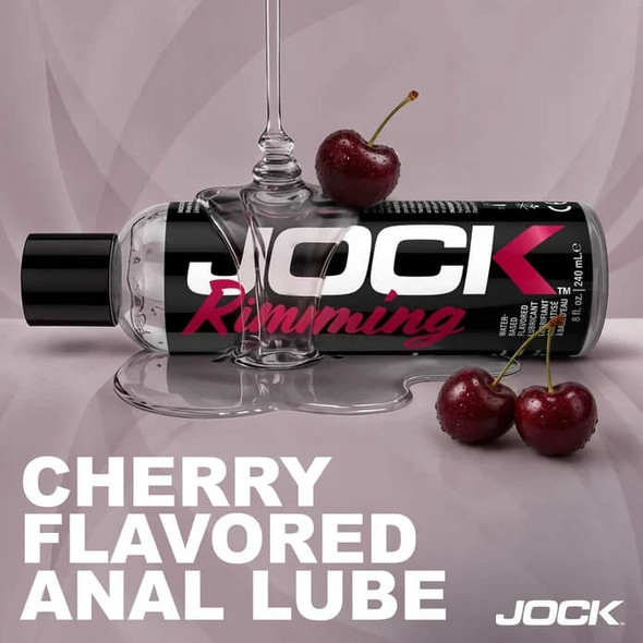 JOCK Cherry Rimming Lubricant showing the side of the bottle with cherries