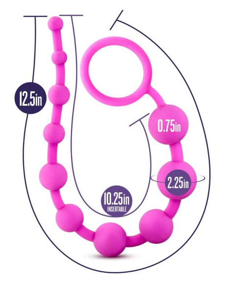 Blush Luxe Silicone Anal Beads dimensions showing 12.5 inch total length, 10.25 inch insertable length and 0.75 inch maximum width
