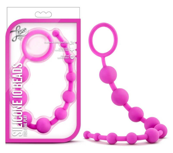 Blush Luxe Silicone Anal Beads in pink showing ten graduated beads and looped retrieval handle
