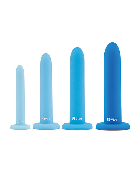 b-Vibe Silicone Anal Training Dilator Set showing four progressively sized teal silicone dilators
