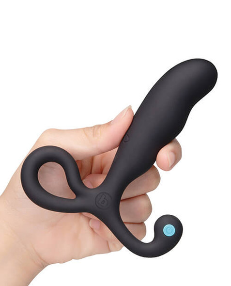 b-Vibe P-Spot Vibing Silicone Prostate Massager held in hand showing contoured prostate-targeting head and external perineum ar