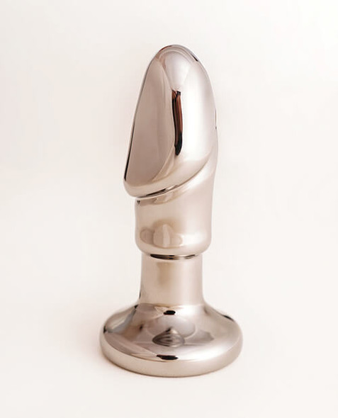 Black Opal Glass Anal Dildo in smoky gunmetal borosilicate glass, shown upright with a realistic tapered head and wide flared base.