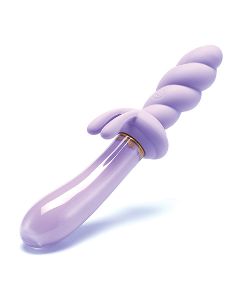 Jade Twist Glass G-Spot Wand shown from the side, highlighting the long curved glass shaft, sculpted twisted silicone grip, and flexible clitoral rabbit ears.