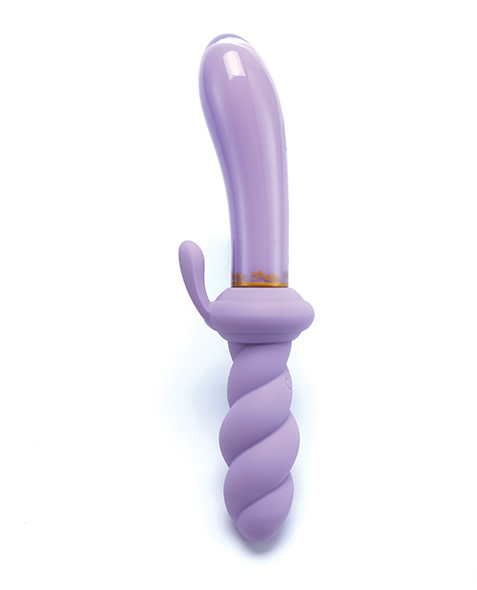 Jade Twist Glass G-Spot Wand with a curved lavender glass shaft, twisted purple silicone section, and soft silicone rabbit ears for external stimulation.