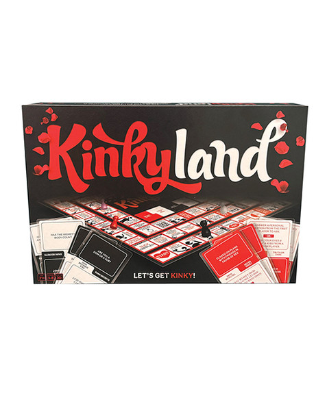 Kinkyland sex game box featuring a red and black board game design for 3–8 adult players.