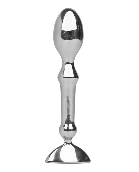 Tempo Stainless Steel Anal Stimulator displayed upright on a reflective surface, showing its sculpted curves and mirror-polished stainless steel finish.