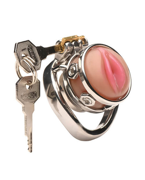 Master Series Pussy Boy Metal Chastity Cage with pink silicone pussy cap
