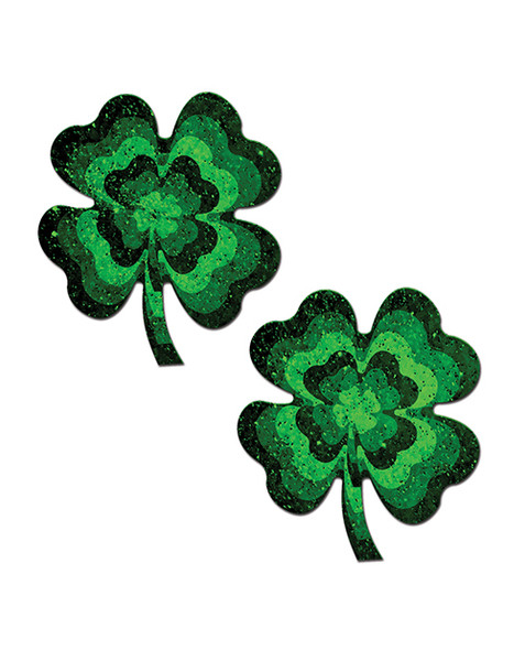 Green glitter shamrock nipple pasties with four leaf clover design