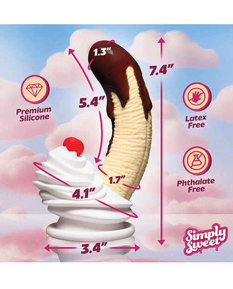 Simply Sweet Chocolate Dipped Banana Dildo with realistic dessert detailing and suction-cup base size information