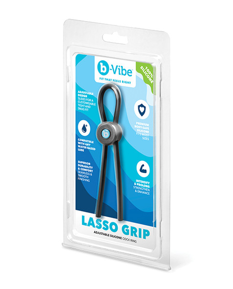 b-Vibe Lasso Grip black silicone cock ring with adjustable sliding lock shown in packaging