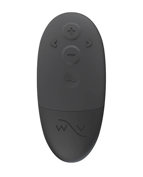 Charcoal black We-Vibe remote control with plus, minus, arrow, and vibration-pattern buttons.