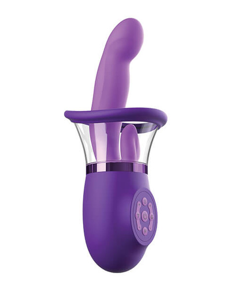 Fantasy For Her Ultimate Pleasure Pro Plus purple silicone vibrator with curved G-spot shaft, clitoral tongue, and vulva suction cup.