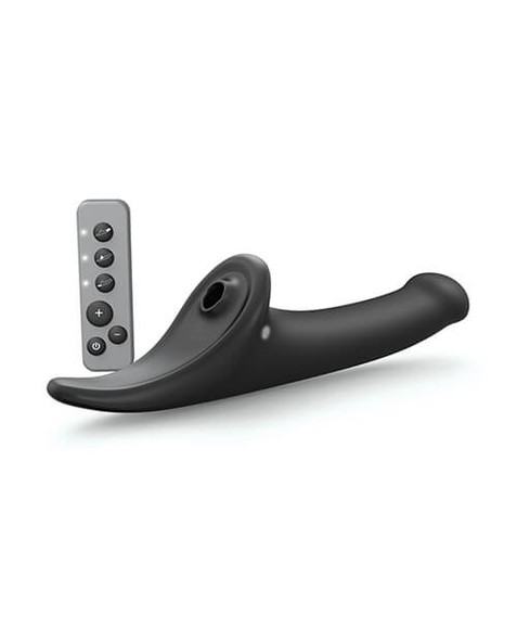 Side view of black Strap-On-Me Triple Stimulation Dildo Attachment with separate remote control