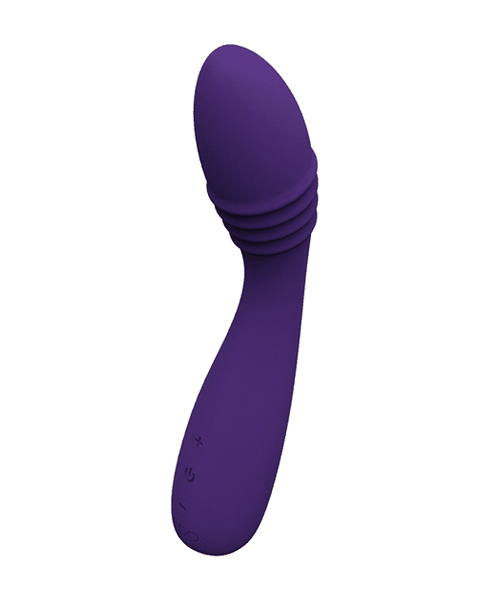 Purple VēDO Ohni rechargeable thrusting vibrator with flexible neck showing motion at the tip