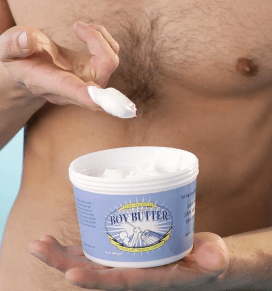 Boy Butter H2O water-based lubricant - shown in butter tub with white, creamy consistency