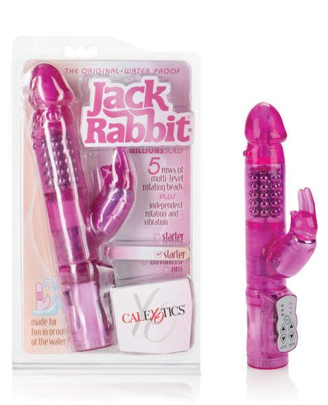 Transparent pink jelly jack rabbit vibrator with rotating bead shaft and dual motors, featuring a curved shaft and attached bunny stimulator