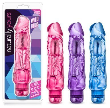 Blush Wild Ride Vibrating Cock large 9-inch vibrating dildos with thick veined shaft and twist-control base designed for deep internal stimulation. pink, purple or blue colors