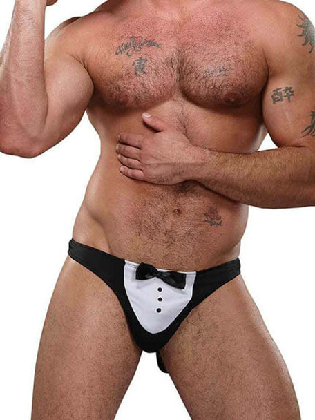 Men's Maitre D' Thong with front Black Bow Tie - Male Gag Gifts