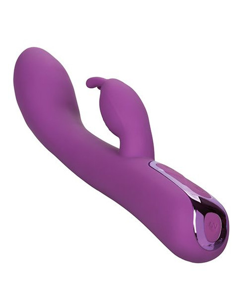 Heated silicone rabbit vibrator with thrusting shaft, flexible bunny ears, and dual motors for internal vibration and external stimulation