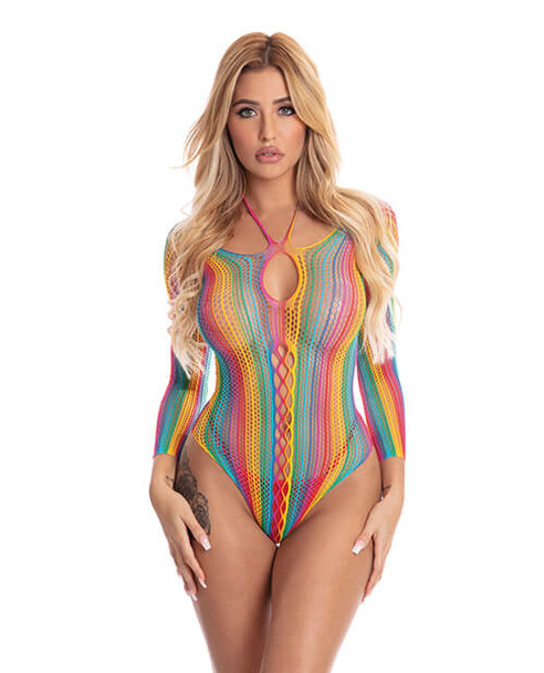 Pink Lipstick Rainbow Mesh Long Sleeve Bodysuit - One Size