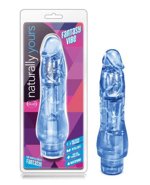 Blush Novelties Fantasy Vibrator displayed outside packaging, showing the full 9-inch realistic shaft, pronounced head, smooth body-safe TPR finish, and integrated twist-dial control base.