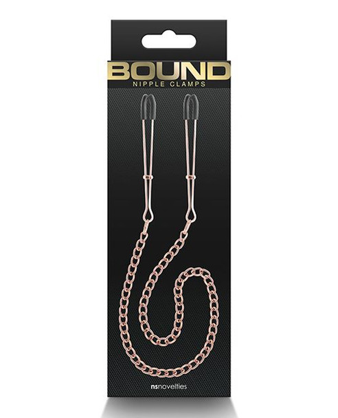 BOUND DC3 rose gold nipple clamps with chain, adjustable tweezer-style clamps with silicone tips for controlled pressure