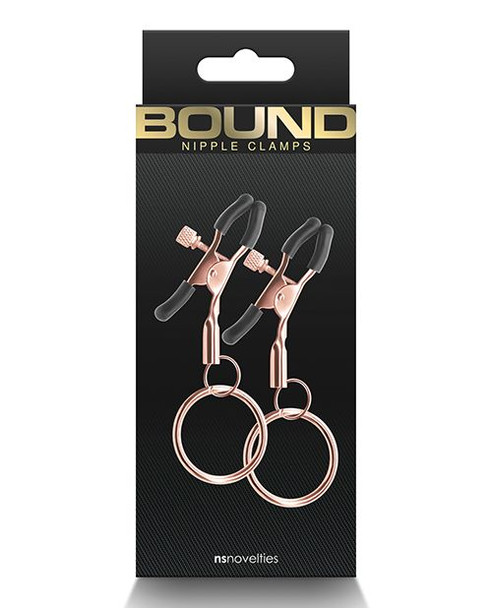 Rose gold hoop nipple clamps with adjustable alligator clips and silicone tips, weighted hoop design for added stimulation