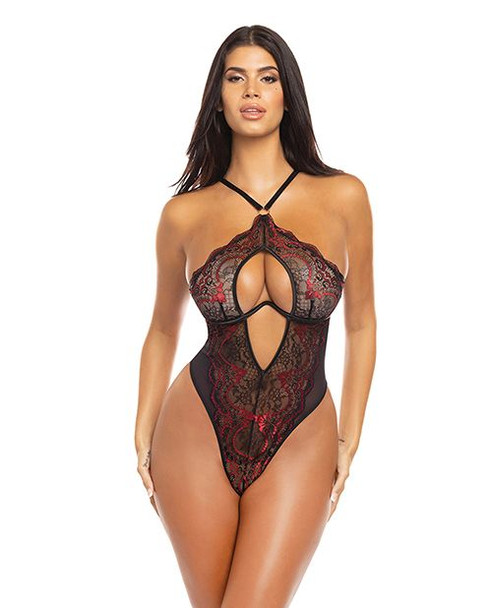 Oh La La Monowire Lace Halter Teddy - Black/Red