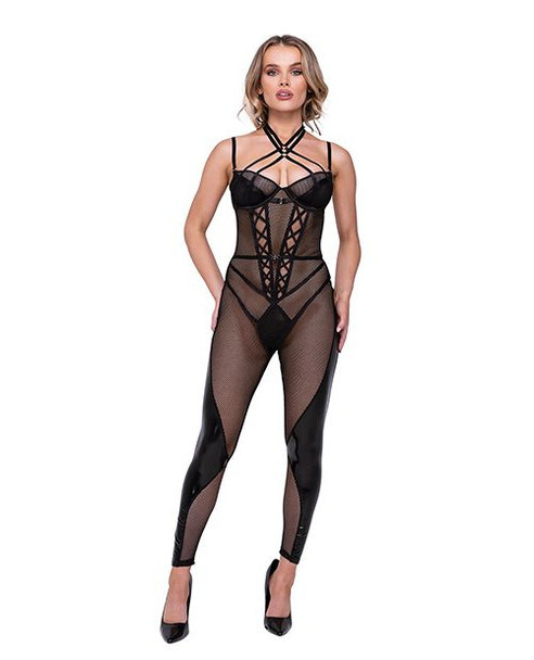 Flirty Fetish Black Fishnet & Faux Leather Catsuit