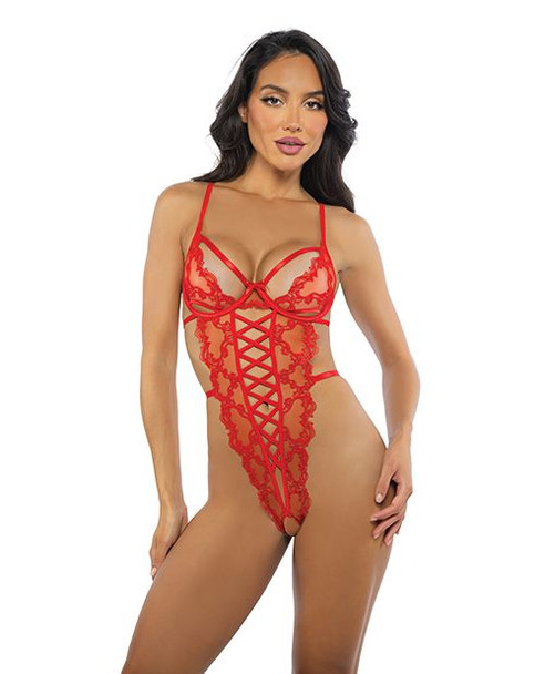 Red Baroque Embroidered Lace Teddy