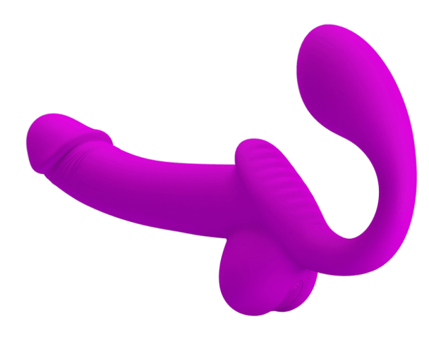 Pretty Love Kelpie squirting strapless strap-on made of purple silicone with squeeze-activated squirting balls and dual-arm design.
