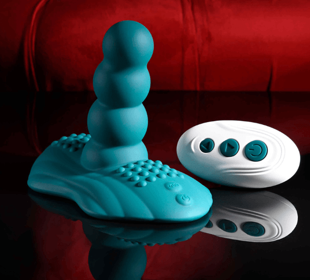Playboy Have a Seat vibrating ride-on toy with beaded shaft and textured grind pad in black silicone